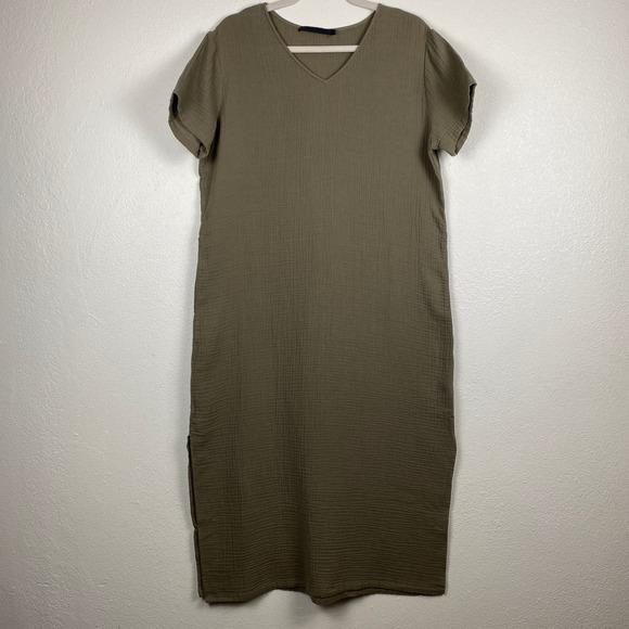 Jenni Kayne Cypress Caftan Dress Short Sleeve Tshirt Dress, Olive Green Gauze S - Picture 2 of 11